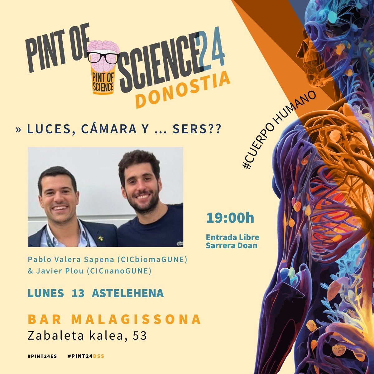 🙌¡Ya está aquí el #pint24dss🧠! 🤩¿Te gustaría realizar un fascinante viaje hacia la medicina del futuro? ¡Pablo de #CICbiomaGUNE y Javier de @nanoGUNE están listos para viajar contigo! 🗓️ 13/05 📍 @malagissonabh 🎙️ Pablo y Javier 🍻 #pint24es en #donostia ! @DivulgaDonosti