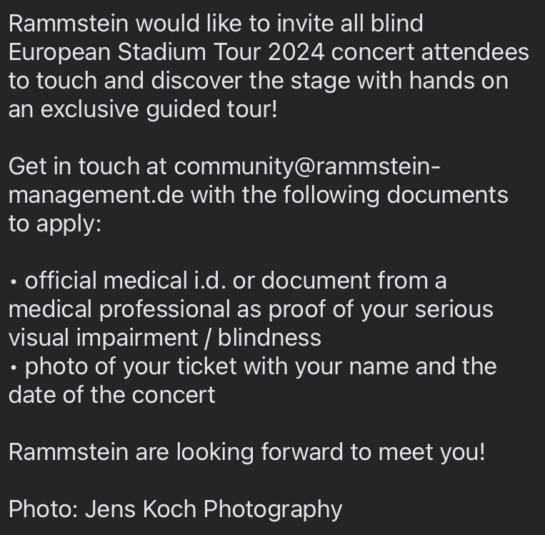 #Rammstein would like to invite all blind European Stadium Tour 2024 concert attendees to touch and discover the stage with hands on an exclusive guided tour! All info in the post 👇