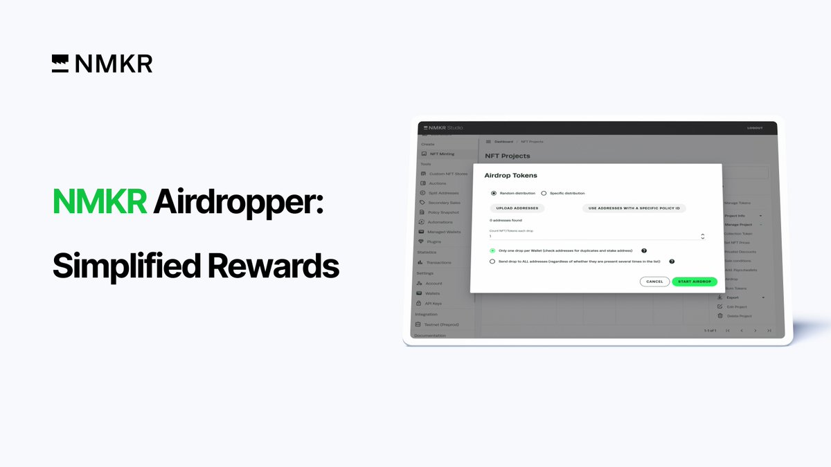 NMKR's Airdropper simplifies giveaways and rewards, letting you send tokens to many wallets easily. Choose random or targeted sends to specific holders or use a CSV for exact allocations. Rewarding on #Cardano just got easier! eu1.hubs.ly/H07p08P0
