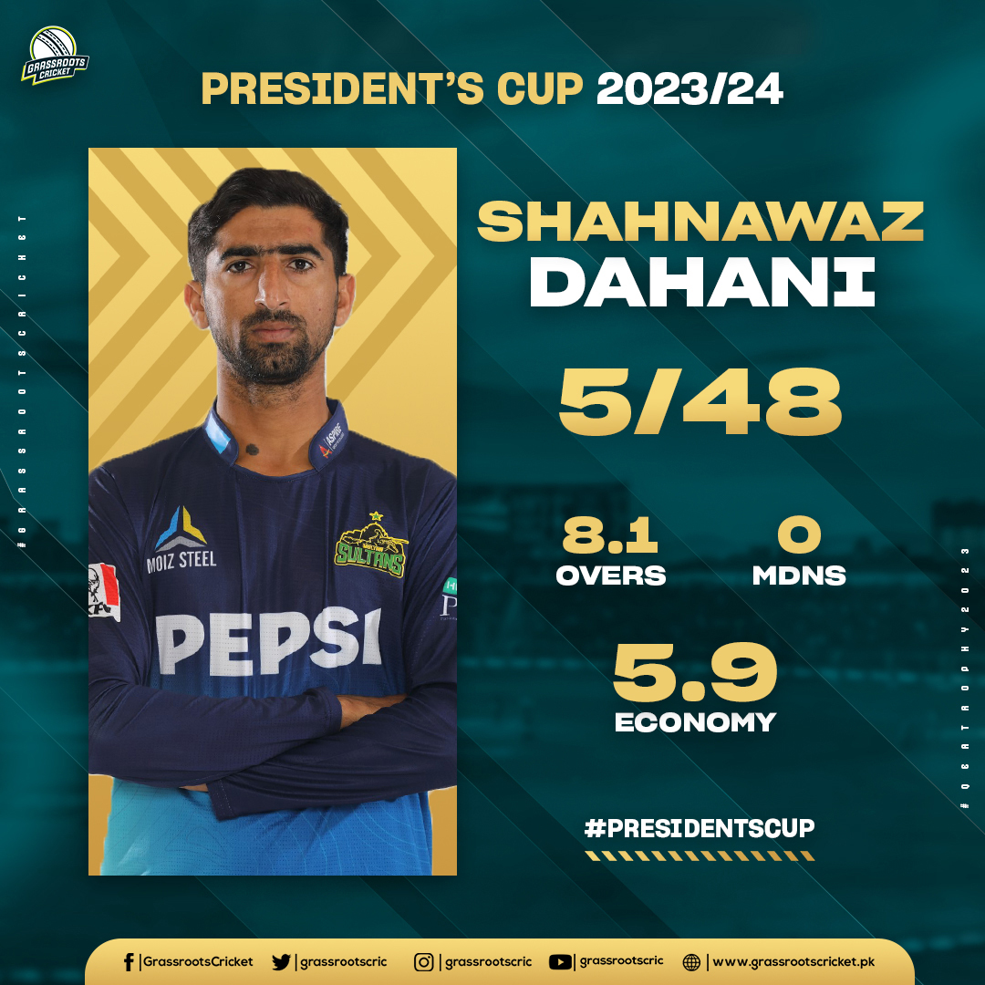 5th List A 5-wicket haul for Shahnawaz Dahani – he is now the top wicket-taker in the President's Cup! 👏🏽 This is his 5th five-fer for SNGPL in domestic cricket this season. #PresidentsCup