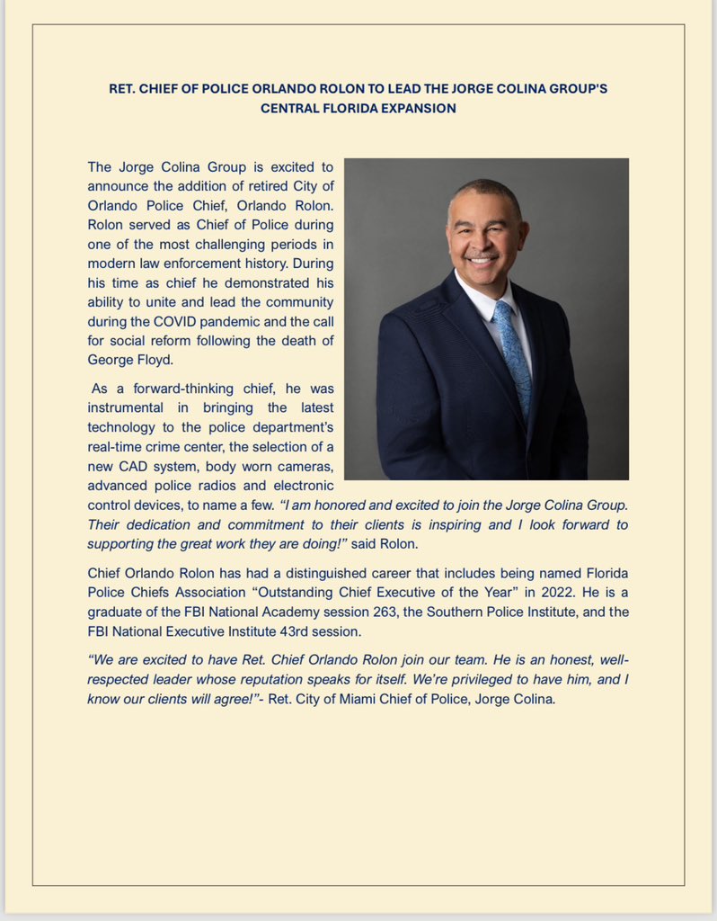 We're excited to announce the addition of retired City of Orlando Police Chief, Orlando Rolon, <a href="/Chief_Rolon/">Orlando Rolon</a> to our team. We're privileged to have him, and we know our clients will agree. Welcome to the JCG family chief!