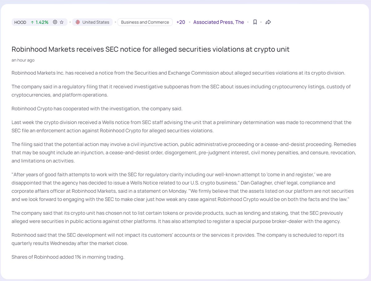 Robinhood received a Wells notice for securities violations against their  crypto unit. This is my shocked face. https://t.co/alTaAXAcAv
