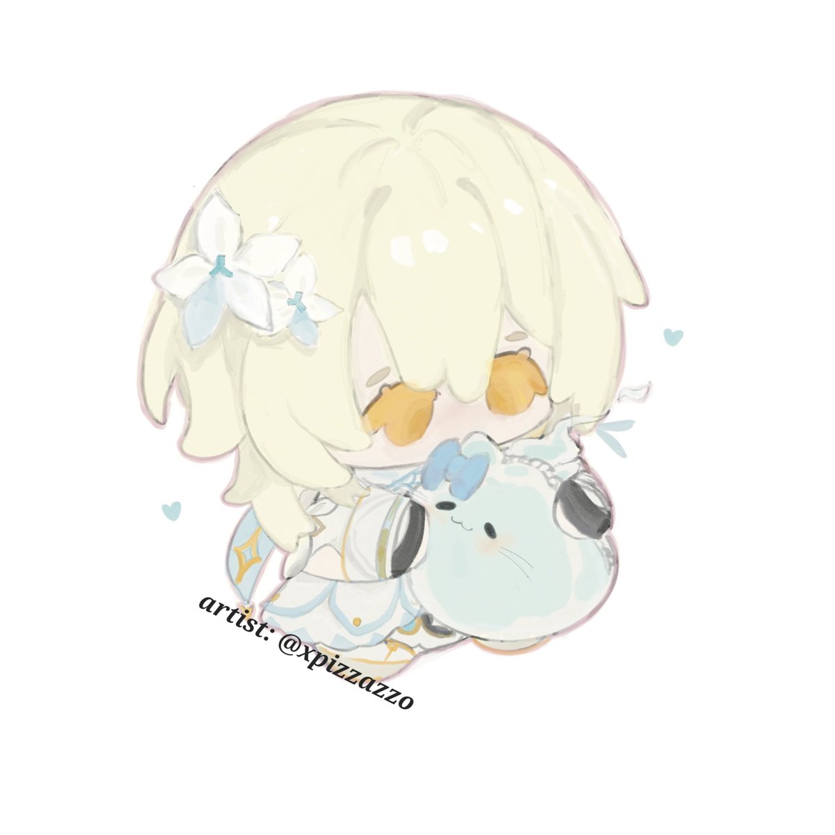 I got my new pfp 😭😭 @xpizzazzo drew my precious daughter (lumine from genshin) hug me (wisp👻) 😭 for me. It's so adorable. Thank you so much, K'Soffu 🤍