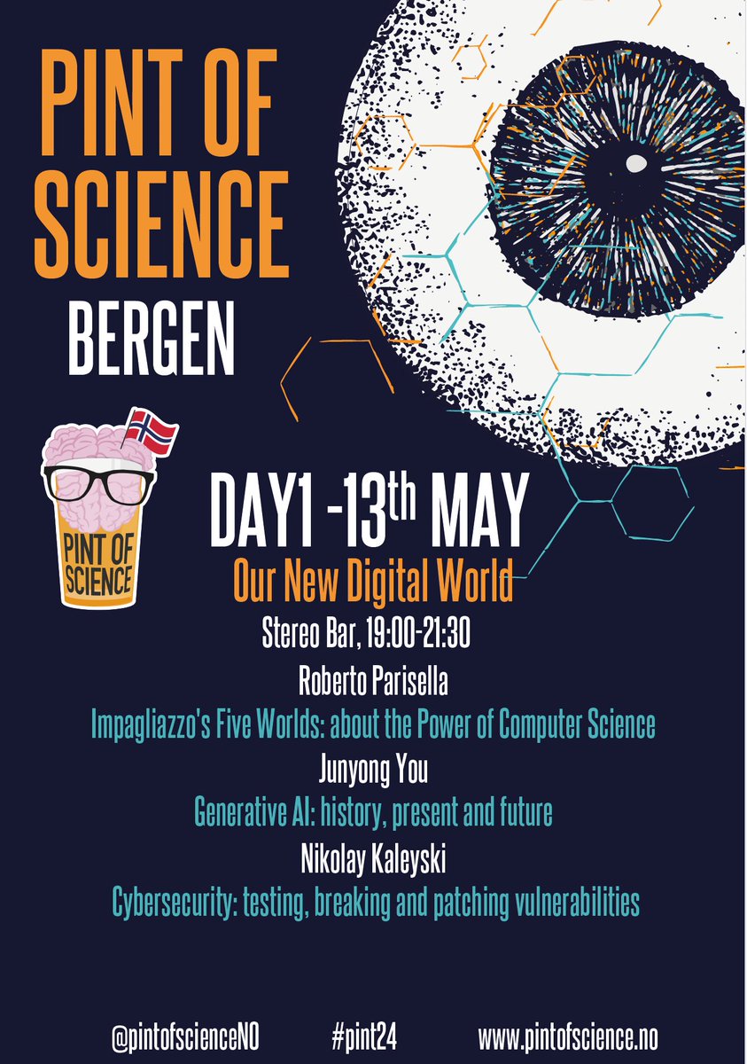 #Pint24 is only 1 week away! The first night at our #Bergen festival will explore Our New Digital World on the 13th of May! 💻🛜🤖🍻 Check the program out: pintofscience.no/pint24-program…