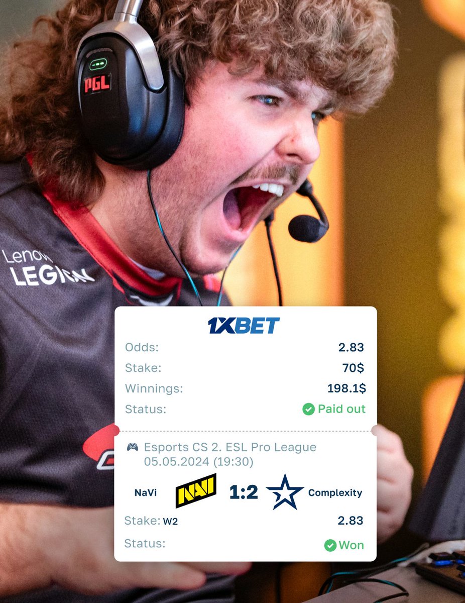 Our user didn't follow #1 Betting rule: 'don't bet on or against NAVI' and it allowed him to score a decent cashout 💳 Yesterday, Complexity defeated NAVI with a score of 2:1 on maps and advanced straight to the quarterfinals of #ESLProLeague Season 19