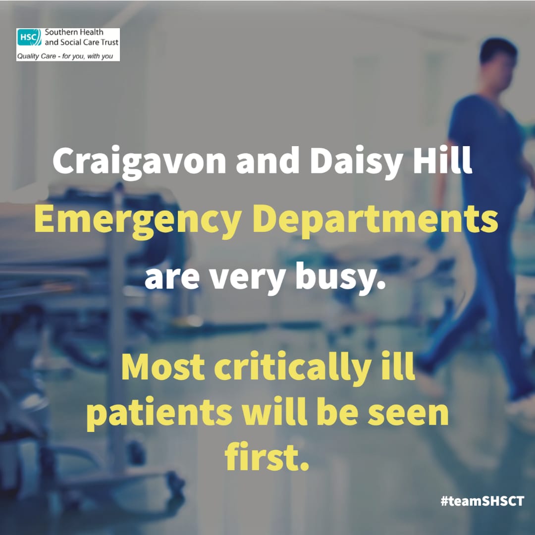 ❗️Both Craigavon and Daisy Hill Hospital ED are very busy this afternoon.❗️
Please consider using other services if your condition is not urgent.
⬇️
nidirect.gov.uk/articles/how-u….

❗️For any life threatening conditions please dial 999 immediately.

#teamSHSCT