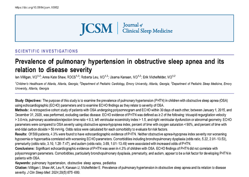 The purpose of this study is to examine the prevalence of pulmonary #hypertension (PHTN) in children with obstructive #sleepapnea (OSA) using echocardiographic (ECHO) parameters and to examine ECHO findings as they relate to severity of OSA. bit.ly/44xOhyM #pediatrics