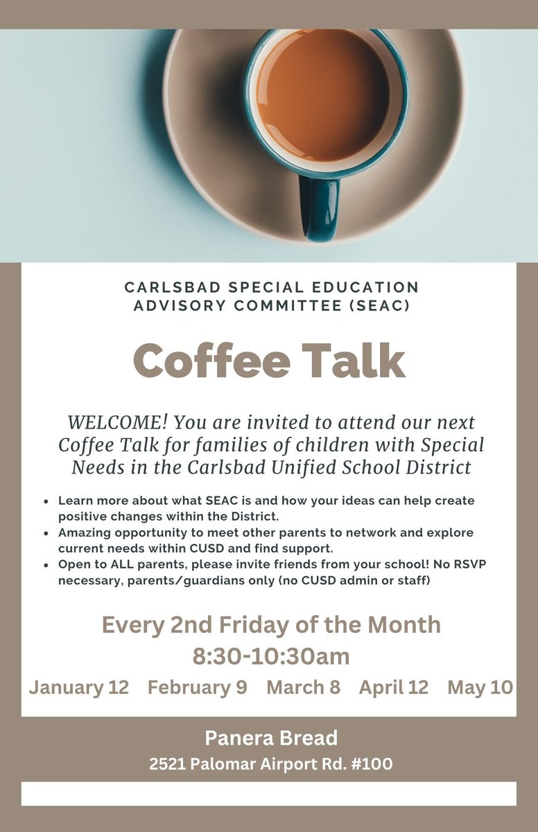 Hey CHS families, the Special Education Advisory Committee (SEAC) is hosting its last Coffee Talk of the 23/24 school year this Friday at Panera. Hope to see you there. #KindnessMatters #CUSDLearns #ProudToBeCUSD