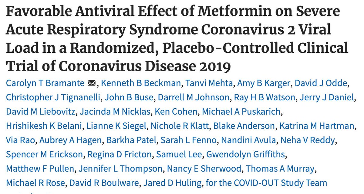 Metformin induced a greater reduction in SARS-CoV-2 viral load than placebo in the COVID-OUT study -- now in @CIDJournal. @BramanteCarolyn @boulware_dr doi.org/10.1093/cid/ci… 1/4