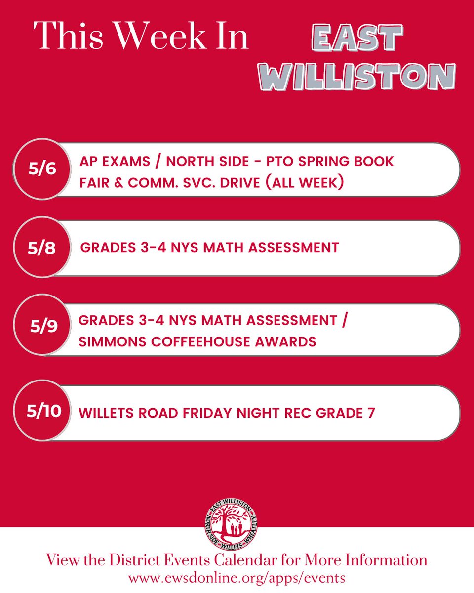Make it a great week, East Williston! Check the district website for details and more information: ewsdonline.org/apps/events @WheatleySchool @WilletsRoadMS @NorthSideEW @WheatleySports #ewlearns