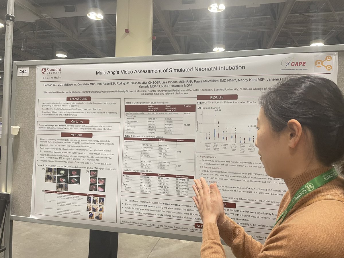 The poster is about simulation but @HannahGu15 is in action for real! Excellent @StanfordCAPE work on assessing what intubation looks like for experts vs novices! @StanfordNeo @PASMeeting #PAS2024