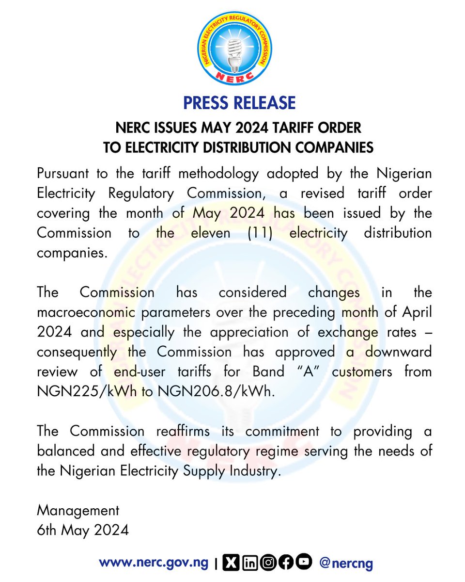 PRESS RELEASE NERC ISSUES MAY 2024 TARIFF ORDER TO ELECTRICITY DISTRIBUTION COMPANIES Pursuant to the tariff methodology adopted by the Nigerian Electricity Regulatory Commission, a revised tariff order covering the month of May 2024 has been issued by the Commission to the…