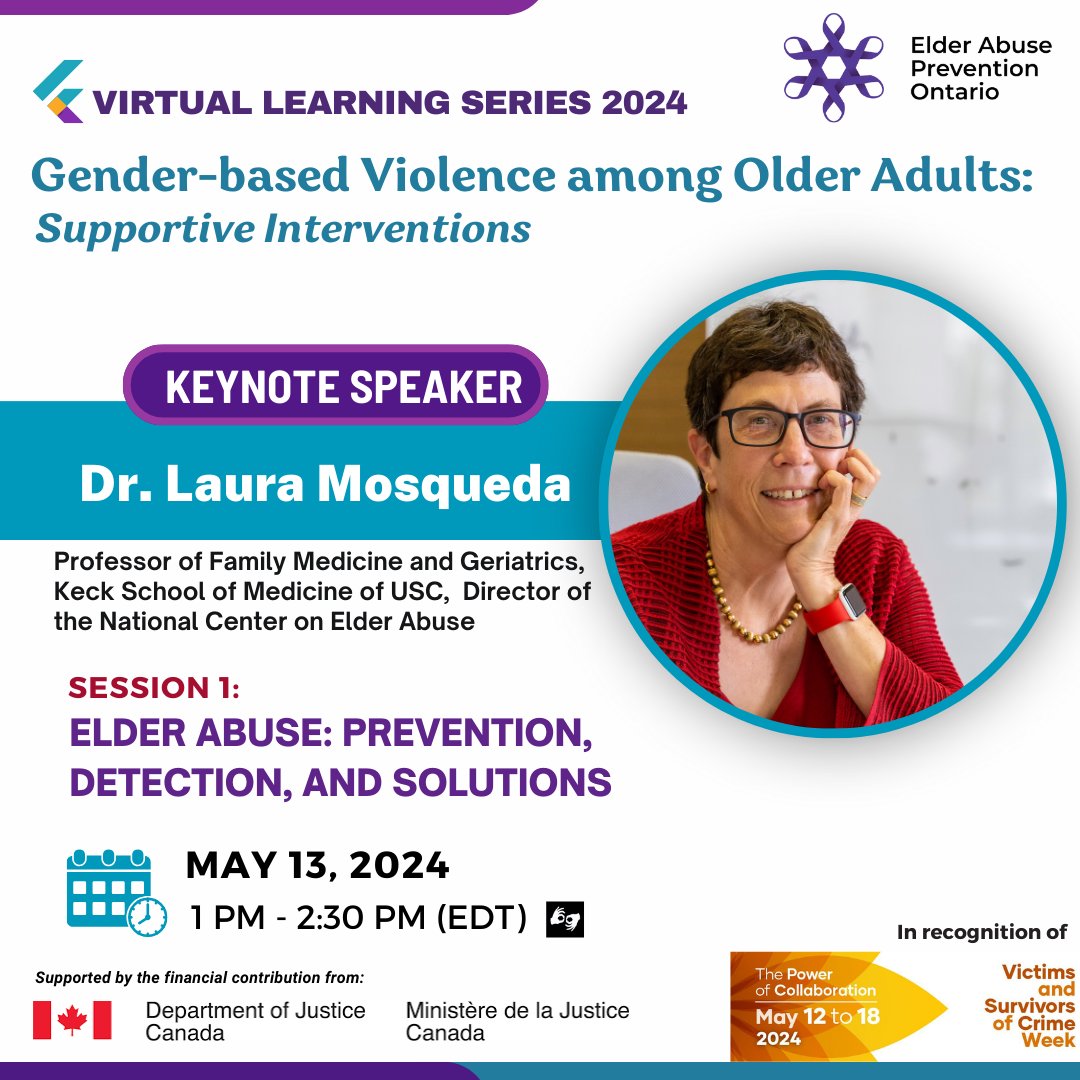 📢Meet the Speaker of the upcoming Virtual Learning Series 2024: #GBV among #OlderAdults: Supportive Interventions! ✅Dr. Laura Mosqueda, Professor of Family Medicine and Geriatrics at the @KECKSchool_USC and Director, National Center on EA 🗓️May 13 ▶️ eapon.ca/VSCWeek_GBV_Ma…