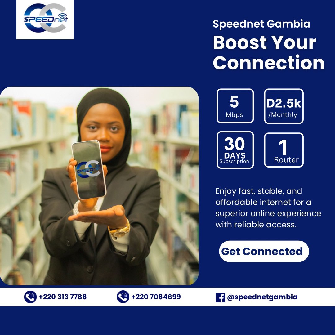 SPEEDNET GAMBIA🌐👩🏽‍💻👨🏾‍💻

Boost Your Connection🚀

🔵5Mbps
🔵2.5K Monthly
🔵30days Subscription 
🔵1 Router

📍Visit us at Saint Matty, Bakau, The Gambia 

📲Call Us Now at +220 3137788

📞 WhatsApp at +220 7084699

#gambia #gambian #speednet #speednetgambia #internetprovider