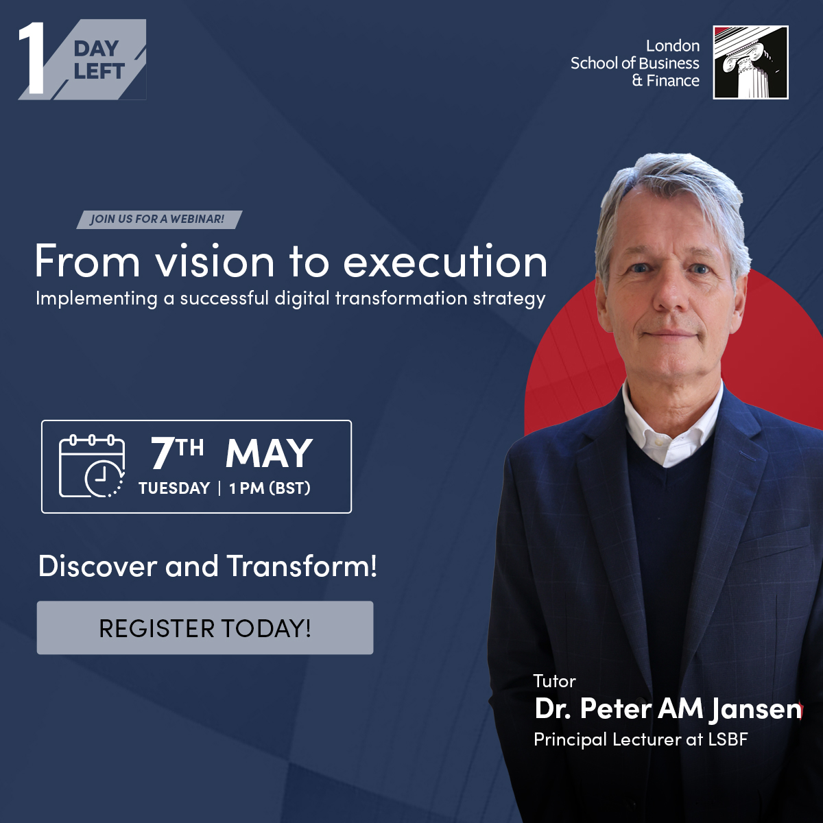 Only one day until our insightful webinar featuring Dr Peter Jansen! Don’t miss the chance to gain invaluable insights into digital transformation.

Secure your spot now and prepare to revolutionise your business approach!

attendee.gotowebinar.com/register/15676…

#LSBF #webinar #Freewebinar