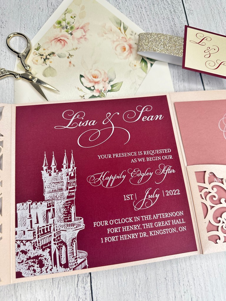 Throwback to this beauty set for Lisa & Sean with its Fairytale theme, custom white print and lasercut pocket all nicely held by a glitter wrap and floral lined envelope, this set is absolutely gorgeous!
.
.
#custominvitations #luxuryweddinginvitations  #fairytalewedding