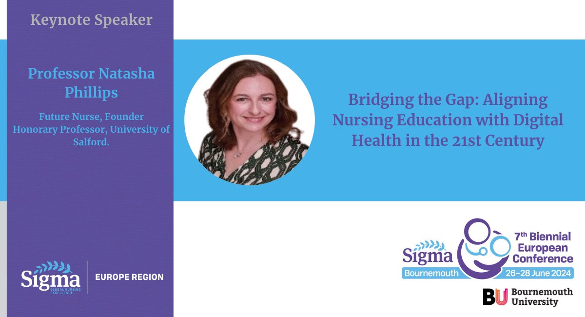 Sigma European Region (@regionsigma) on Twitter photo Meet our Keynote Speaker, Professor Natasha Phillips <a href="/FutureNurseUK/">Professor Natasha Phillips RN</a> Founder and Honorary Professor, <a href="/SalfordUni/">University of Salford</a>.
Join her enlightening session moderated by @Leslie_Gellingat the 7th Biennial European Conference June 26-28, in <a href="/bournemouthuni/">Bournemouth Uni</a>.
Register now: bit.ly/3Fo7Mhs Meet our Keynote Speaker, Professor Natasha Phillips <a href="/FutureNurseUK/">Professor Natasha Phillips RN</a> Founder and Honorary Professor, <a href="/SalfordUni/">University of Salford</a>.
Join her enlightening session moderated by @Leslie_Gellingat the 7th Biennial European Conference June 26-28, in <a href="/bournemouthuni/">Bournemouth Uni</a>.
Register now: bit.ly/3Fo7Mhs
