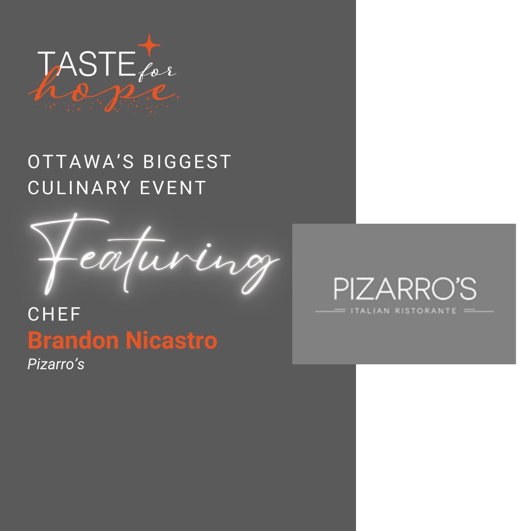 New this year is Brandon Nicastro of Pizarro’s in Vanier. Their authentic, home-made Italian food has been a community favourite for over three decades. Welcome Brandon and the Pizarro kitchen team to Taste for Hope! Get your tickets now: tasteforhopesgh.ca