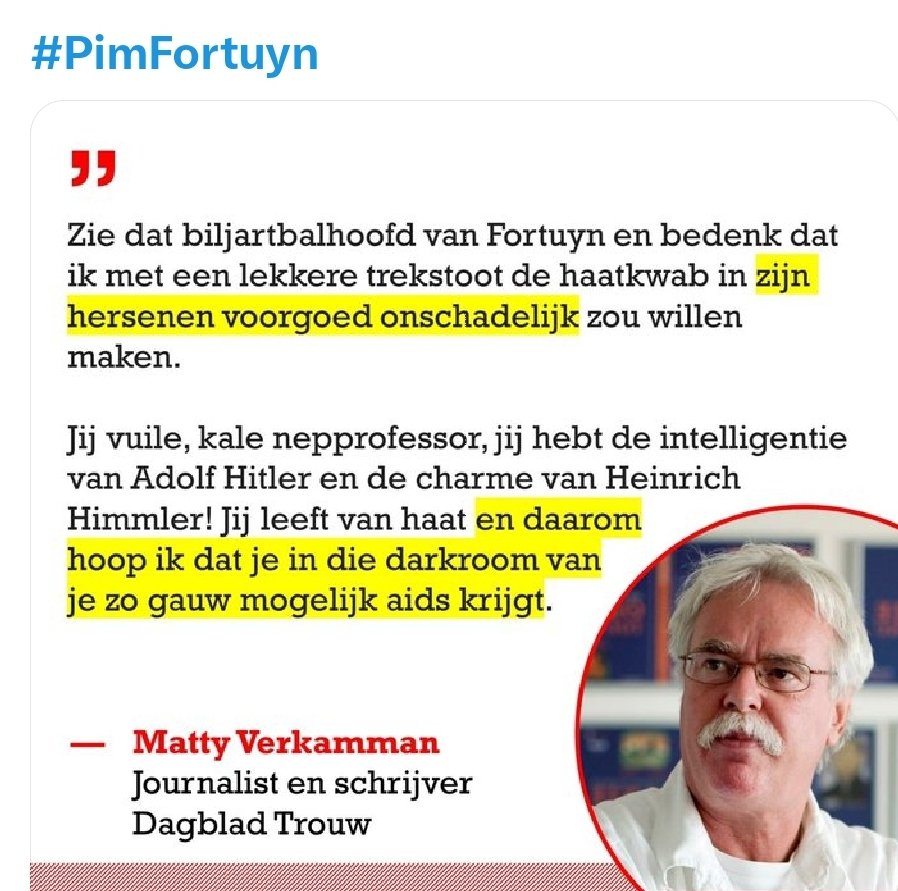 #PimFortuyn Vermoord door links.   Uitspraken @FransTimmermans over Wilders niet bestraft. Geen vervolging van politici die demoniseerden. Media fout @Groenlinks #PaulRosenmöller @EersteKamer  @2ekamertweets Volkert vrij. #Justitie is deaud @OM_DenHaag @Trouw @MattyVerkamman