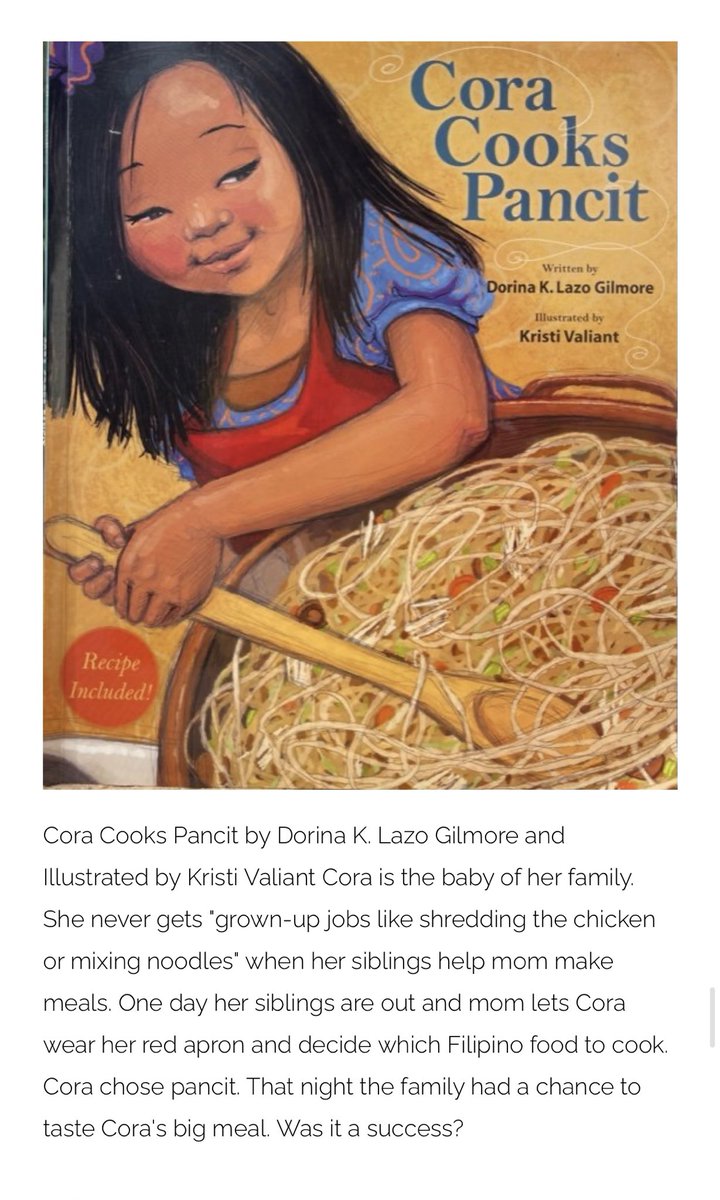 Cora Cooks Pancit by Dorina K. Lazo Gilmore and
Illustrated by Kristi Valiant is the story of a young Filipino girl who gets a chance to cook her favorite meal for her family. #AAPI #AAPIHistoryMonth #PictureBooks #whatareyoureading