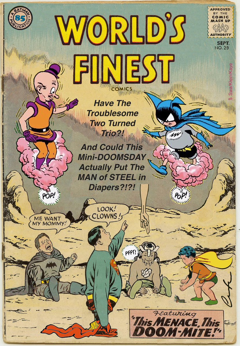 #thisJuly @DCOfficial #WorldsFinest #comics 29 #SchoolsStillOut tho #TheWorldsFinestTrio are just now taking their #DoomMite finals with equations in multiples of #BatMite & #MrMyxzptlk! #MarkWaid @Danmora_c