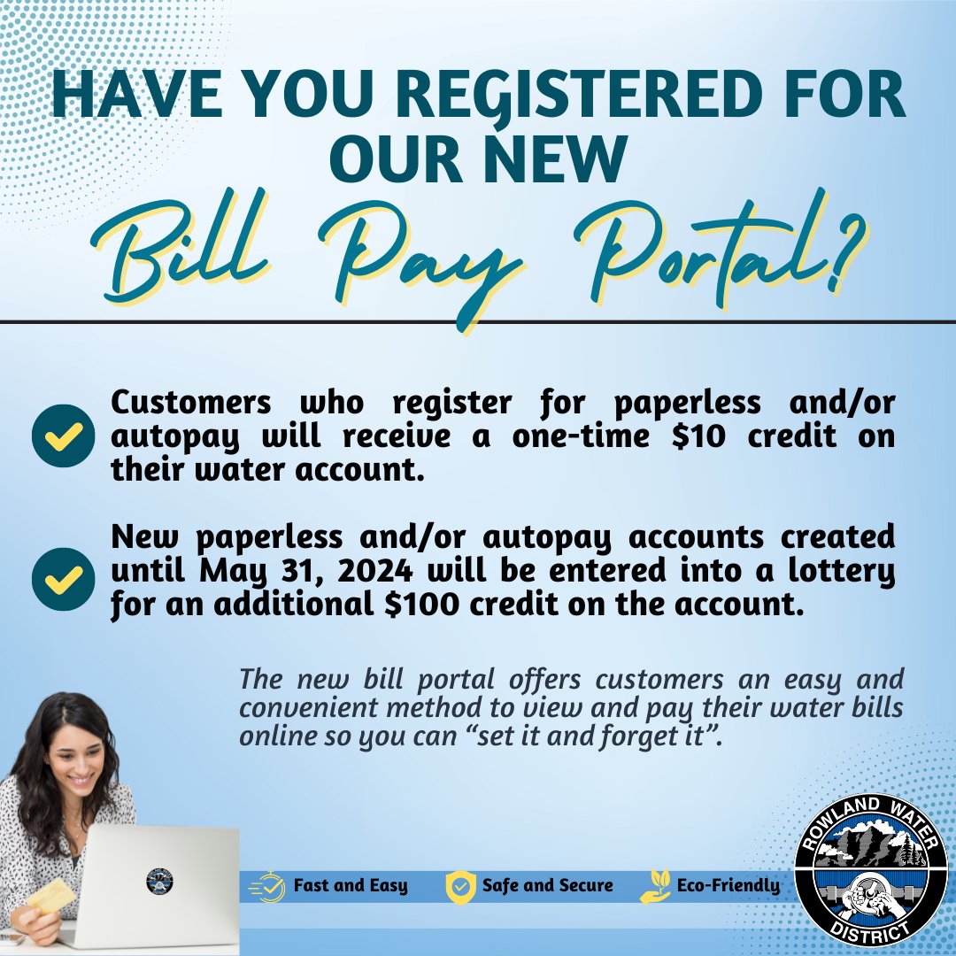 📢Don’t forget to register for the NEW bill pay portal. Register for paperless billing and/or autopay until May 31st & receive a one-time $10 credit on your water account and be entered into a lottery for an additional $100 credit! ➡️Register here bit.ly/3SWt9N7