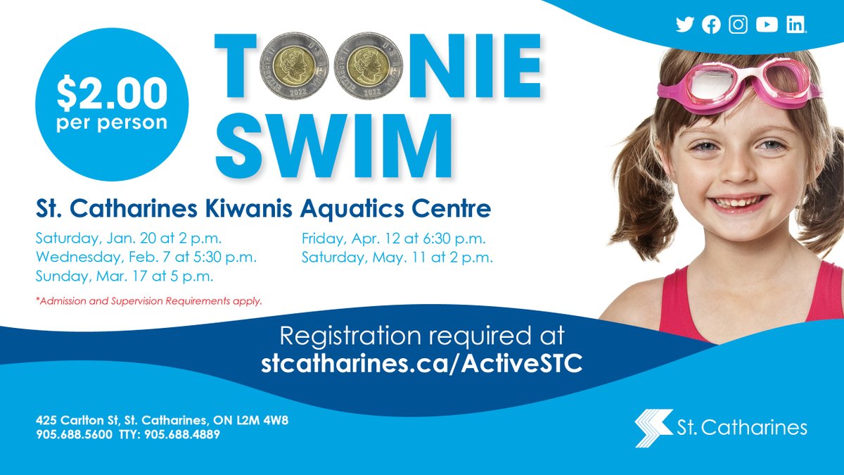 🏊 Another Toonie Swim is coming up on Saturday. It starts at 2 p.m. on May 11. 🏊‍♂️ Registration for the swim will open on May 9. You can register on ➡️ ActiveSTC stcatharines.ca/ActiveSTC