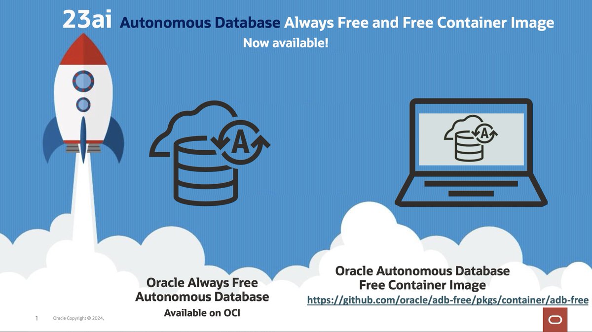 Pleased to announce the general availability of Oracle Database 23ai in #AutonomousDatabase Serverless. You can try it out today in our two free offerings: ADB-S Always Free tier and ADB-S free container image blogs.oracle.com/datawarehousin… @OracleDevs