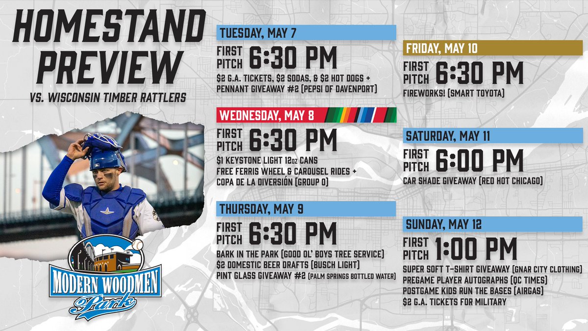 Here's a look at the week ahead as the River Bandits return to Davenport! #BanditTogether🦝