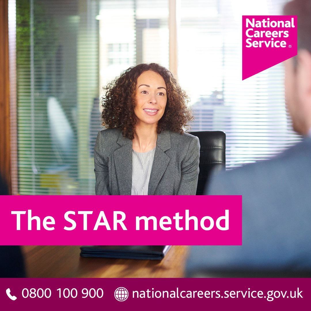 Have you heard of the STAR method?

STAR stands for Situation, Task, Action, Result. You can use this method in your CV, cover letter, application form and at interview.

Find out more about the STAR method at nationalcareers.service.gov.uk/careers-advice….

#AskNationalCareers #Interview