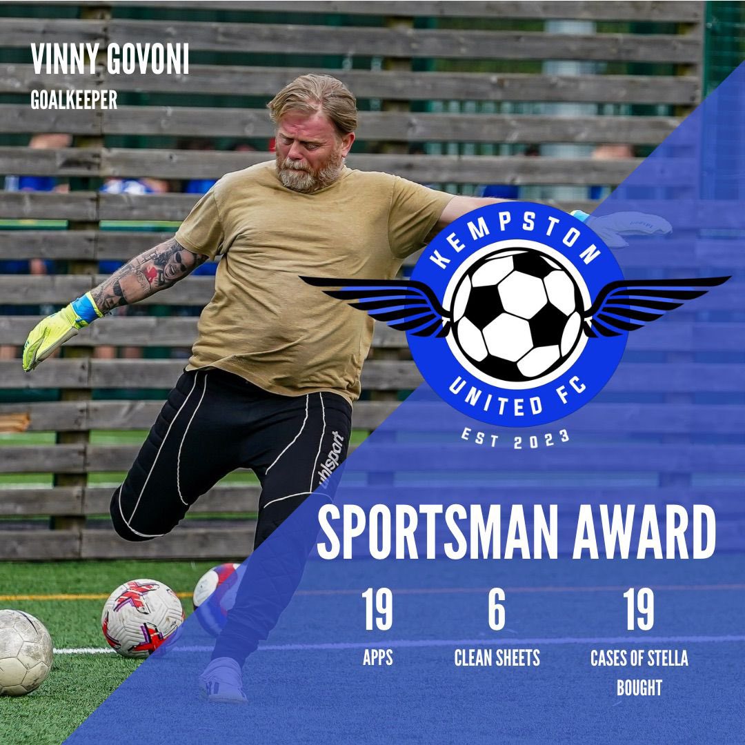 Sportsman of the year🏆 - vin “the cat” Govoni

Our no nonsense keeper takes sportsman this year,

Turning up to almost every 9pm-10pm training session and living in Camborne is what a real sportsman is and also provided a case of Stella as the MOTM award

Thank you vin🫶🏼