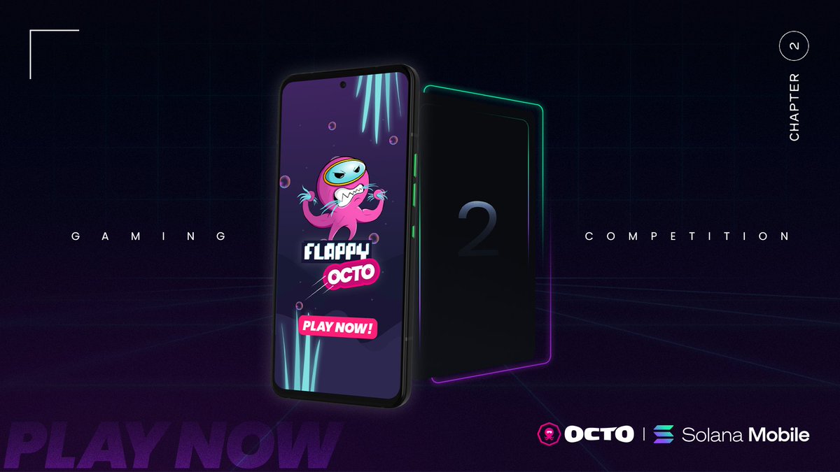 Flappy Octo x Solana Mobile 🎮 This week, we are hosting a special leaderboard with special rewards 🏆 Join the competition with @solanamobile for a chance to win a #Chapter2 pre-order and more 🎁 It's live, and it's on Octo. Let's play! 🐙