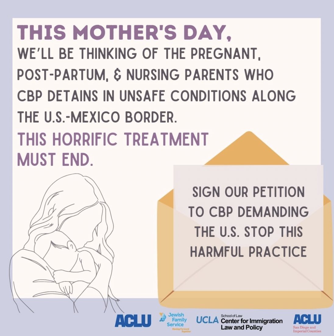 No parent should have to give birth in a cell with no medical care or be returned to a freezing cold detention center with a newborn baby. This Mother's Day, join us in telling @CBP that all mothers deserve better: bit.ly/CBPMothersDayP… #MaternalHealth4Migrants