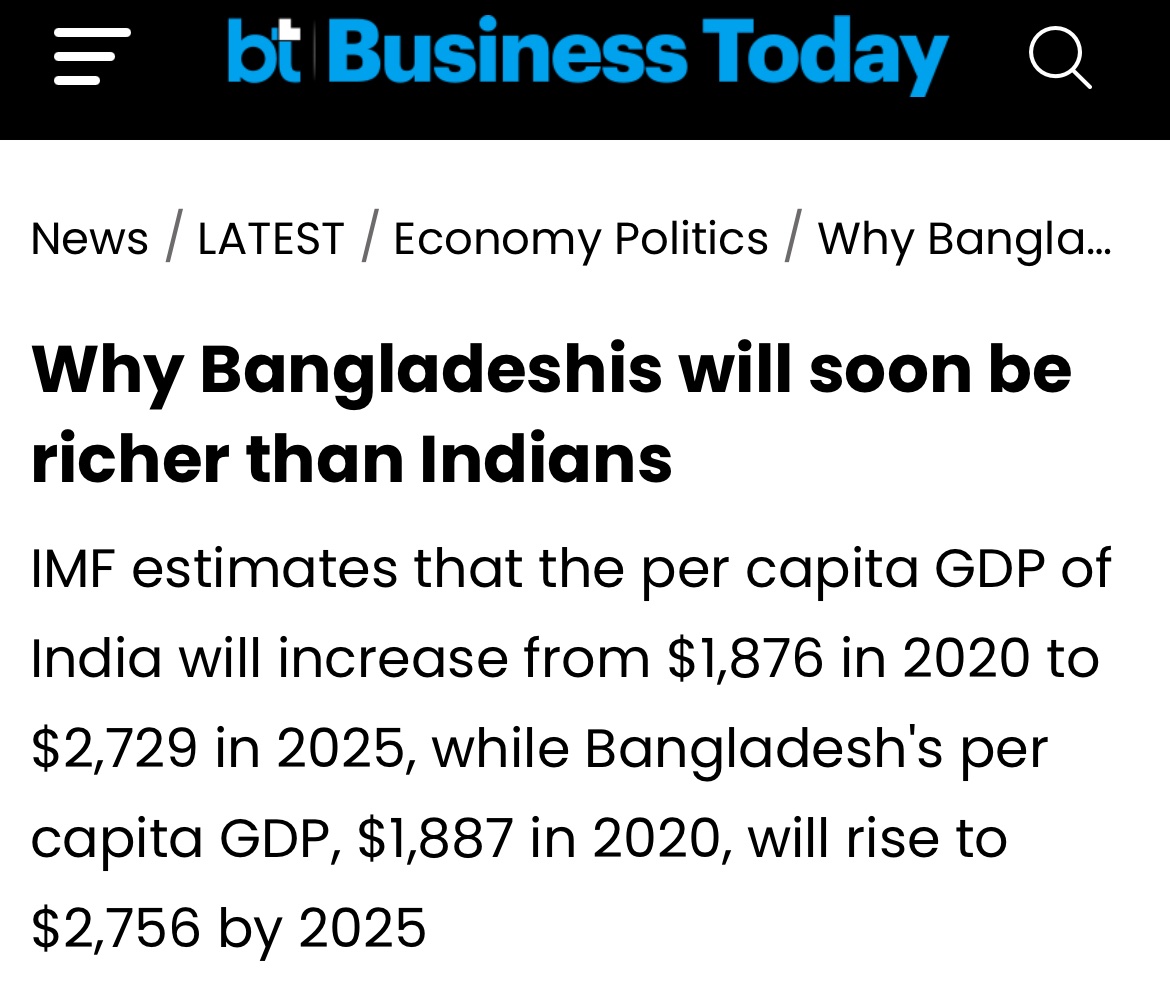 Thanks to Modinomics & the destruction of the Indian economy Bangladesh will have a higher per capita GDP than India! 
Modi constantly seeks to sharpen communal polarisation by targeting ‘ghus petiyas’ (infiltrators) from our neighbour. But they have been economically better off…