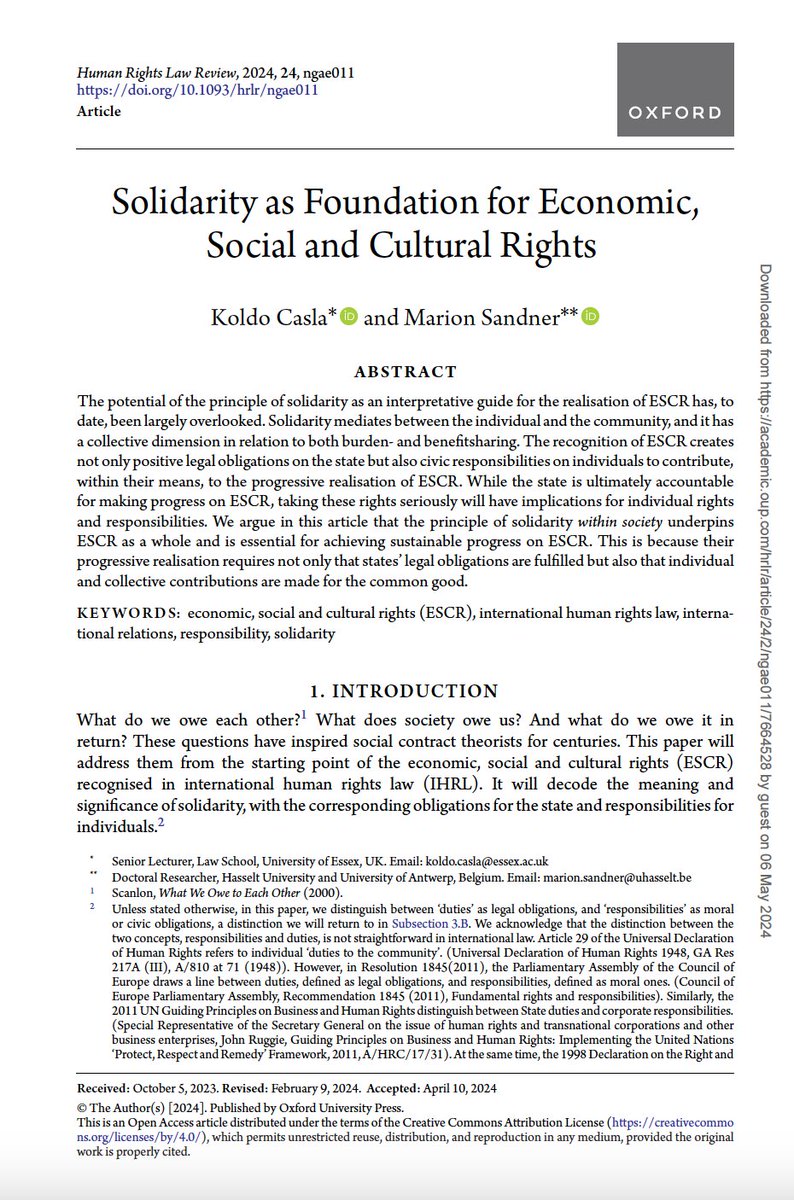🚨New article with @MarionSandner just published in HRLR. We argue that solidarity is a precondition for ESCR. Their progressive realisation requires not only the fulfilment of states' legal obligations, but also individual and collective contributions for the common good.