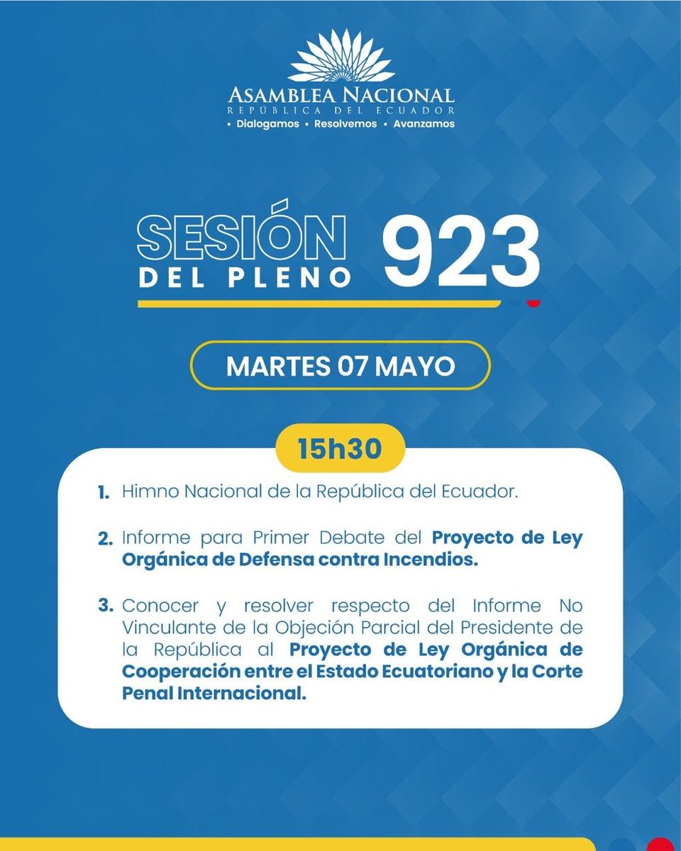 Compartimos las tres convocatorias de las sesiones del Pleno de #LaNuevaAsamblea a desarrollarse este martes, 07 de mayo en el Palacio Legislativo, desde las 10h00.