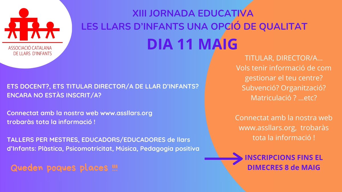 ℹ️ Ja t'has inscrit a la XIII Jornada Educativa? Posarem en valor que "les llars d'infants són una opció de qualitat". 📅 11 de maig.

💻 + informació i inscripcions: assllars.org/jornada-educat…

#escolabressol #escola #educació  #formació #LlarsDInfants #infants #infantil