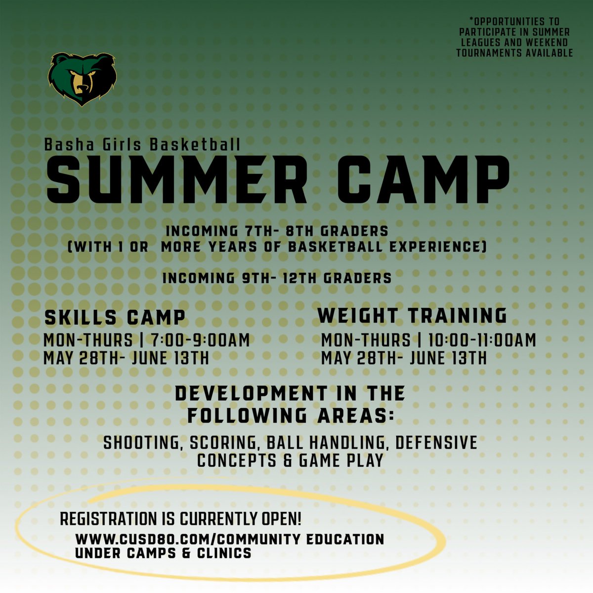 It's not too late to get signed up for summer camp!! Skills, weight training, game play and more. @bashabearnation @BashaAthletics @Payne_Athletics @StormnAthletics @coachcbright