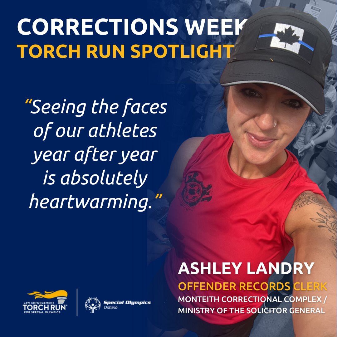 Meet Ashley Landry, a dedicated officer who truly understands the mission of Special Olympics and looks forward to being part of the Final Leg. Read more and stay tuned throughout Correction Services Awareness Week as we recognize more incredible people: www1.torchrunontario.com/ashley-landry-…