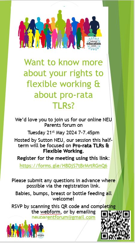 We've already got nearly 30 @NEUnion members from across England signed up to for our May forum where we will be talking flex-requests and pro-rata pay for doing the full TLR! Don't miss out! Sign up here: tinyurl.com/ssms4p24 #supportingparents #NEUParents
