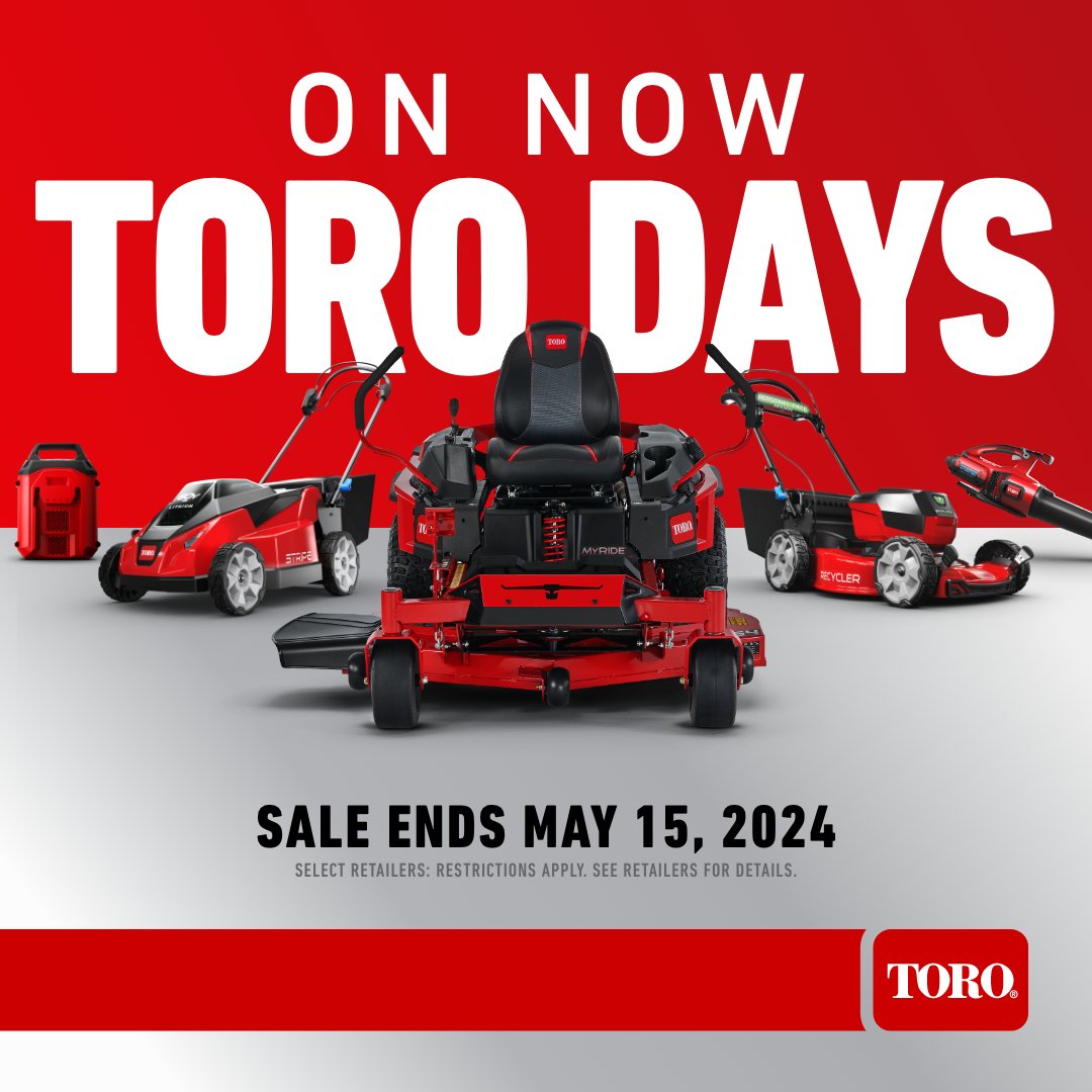 Toro Days is here! And so are our biggest discounts. Don't wait! The sale ends May 15th. Offers valid in the U.S. and Canada only. toro.biz/6011jRFRz #ToroMowers #ToroEquipment