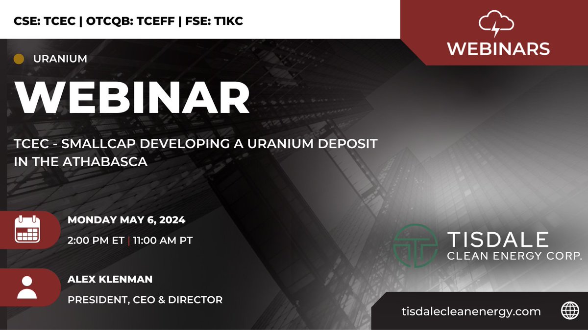 $TCEC's #uranium deposit has the potential to grow in size & grade while the project sits within a fertile corridor ripe for additional discoveries! 🤯

Learn more from CEO, Alex Klenman, during today's webinar at 11am PT/2pm ET with @Redcloudfs: redcloudfs.com/events/rcwebin…

$TCEFF