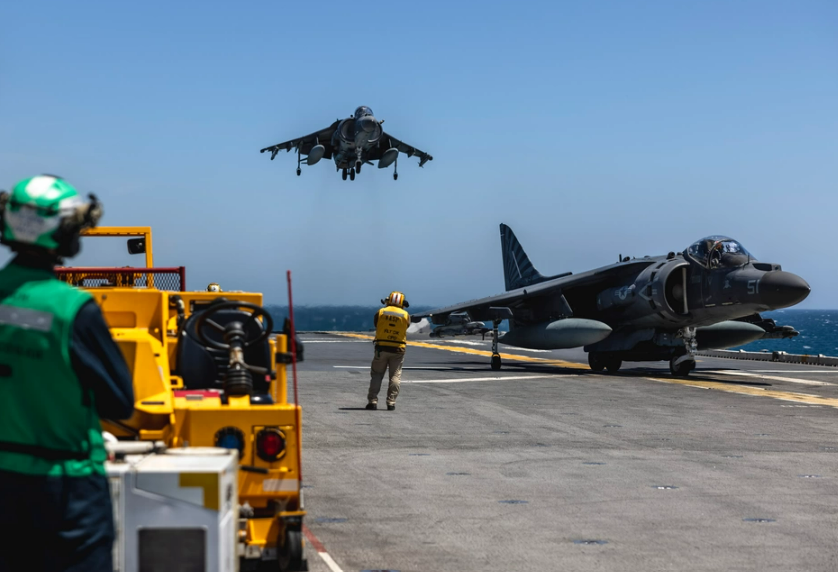 U.S. Marine Corps AV-8B Harriers with Marine Medium Tiltrotor Squadron 365, @The24MEU, land aboard the USS Wasp (LHD 1) during COMPTUEX in the Atlantic Ocean. This is their final at-sea certification exercise under evaluation. @USMC @DeptofDefense #military #deployment #meu