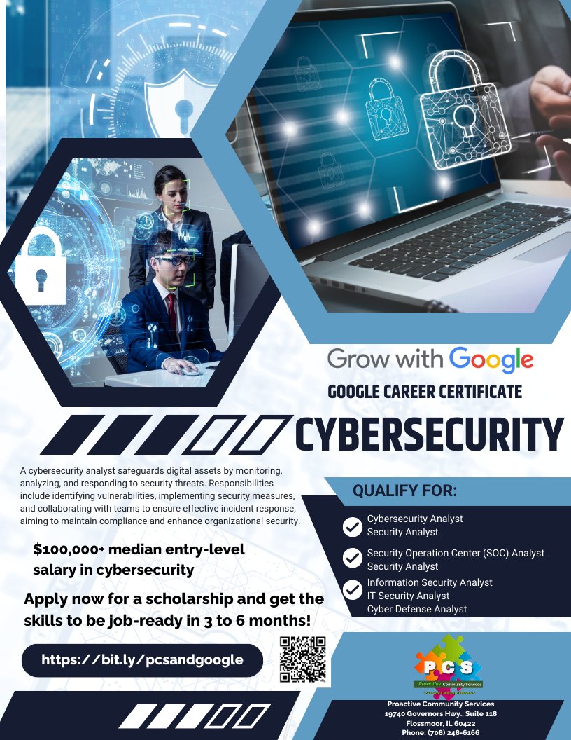 🔒💻 Exciting news! Unlock a career in cybersecurity with the Google Career Certificate Scholarship! Don't miss out on this opportunity to grow with Google. Apply now: htps://bit.ly/pcsandgoogle #GrowWithGoogle