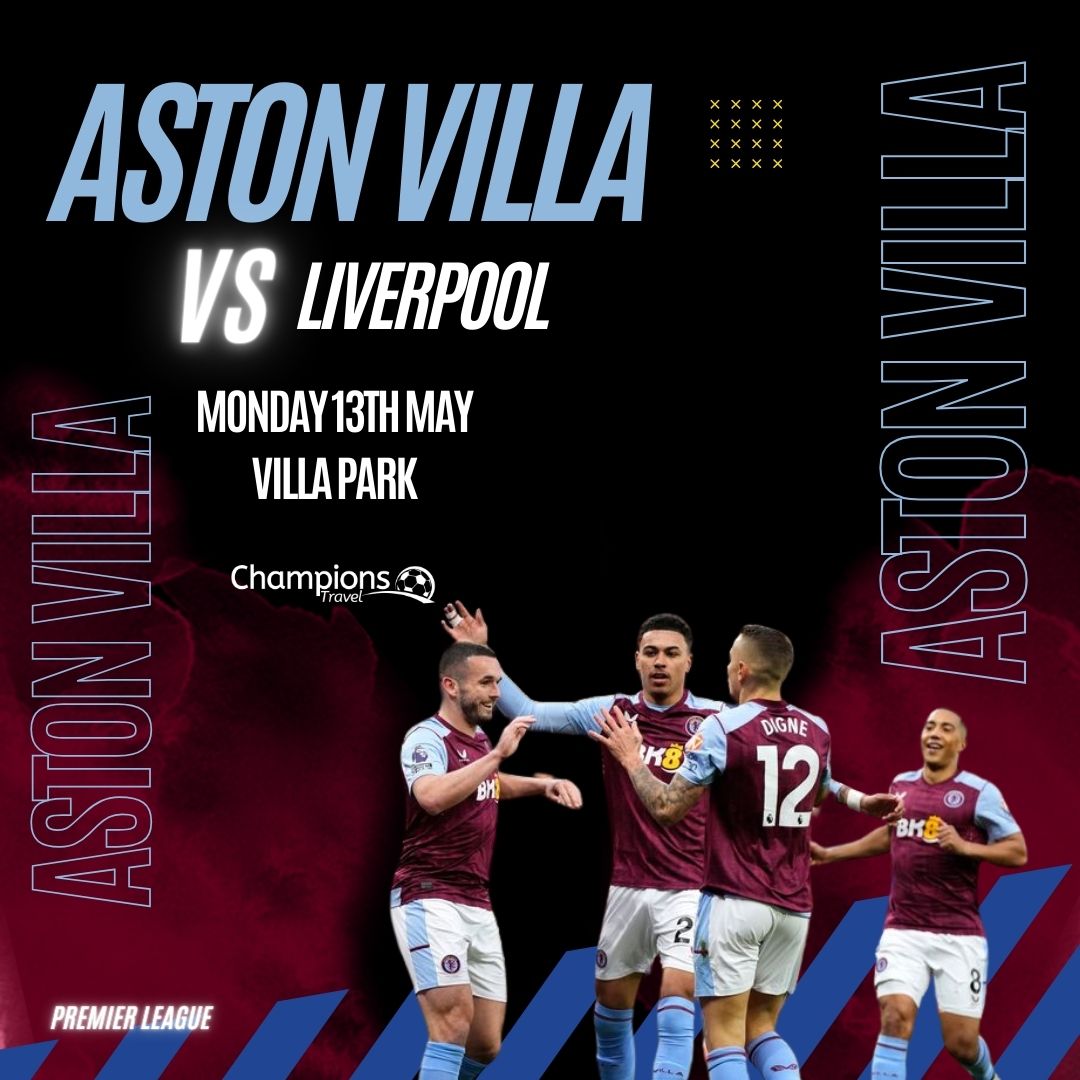 Aston Villa takes on Liverpool on the 13th of May at Villa Park - Get your Champions Travel Packages now! 

Lower Grounds - Premium Experience Package includes:

Find out more here: champions-travel.com/tickets/premie…