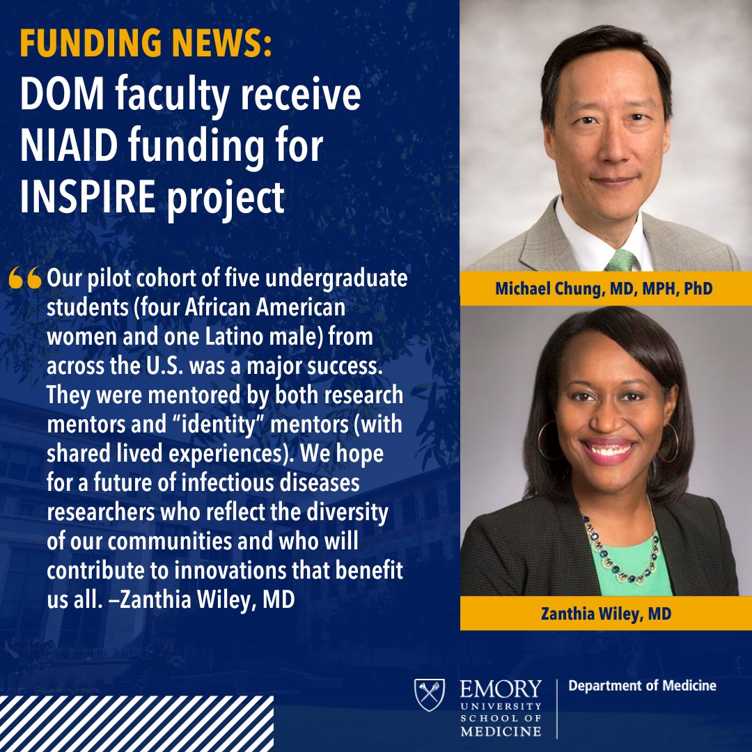📣Congrats to DOM faculty, Michael Chung and Zanthia Wiley, on receiving a 5-year grant from @NIAIDNews for the INSPIRE project! This program aims to prepare 48 underrepresented undergraduate students from around the country for a career in ID research. 🔗bit.ly/inspire-project
