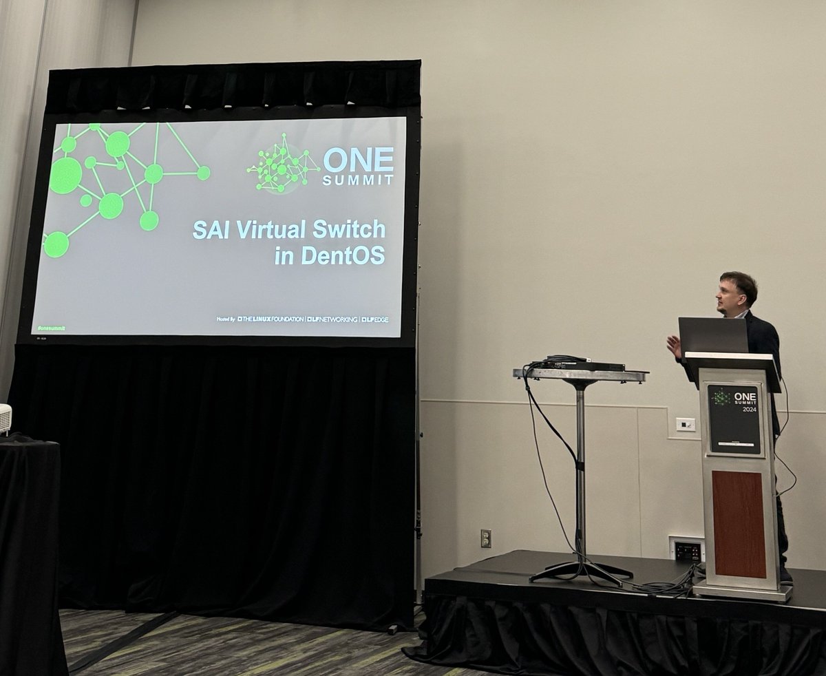 DENTNOS's tweet image. 🖼️ Snapshot from PLVision&apos;s Taras Chornyi at ONE Summit on SAI Virtual Switch in DentOS. 

Wonderful connecting with the DENT community in San Jose. Thanks to all who attended! Subscribe to our newsletter to stay engaged: hubs.la/Q02w4rg80

#DENTNOS #ONESummit #LFNetworking