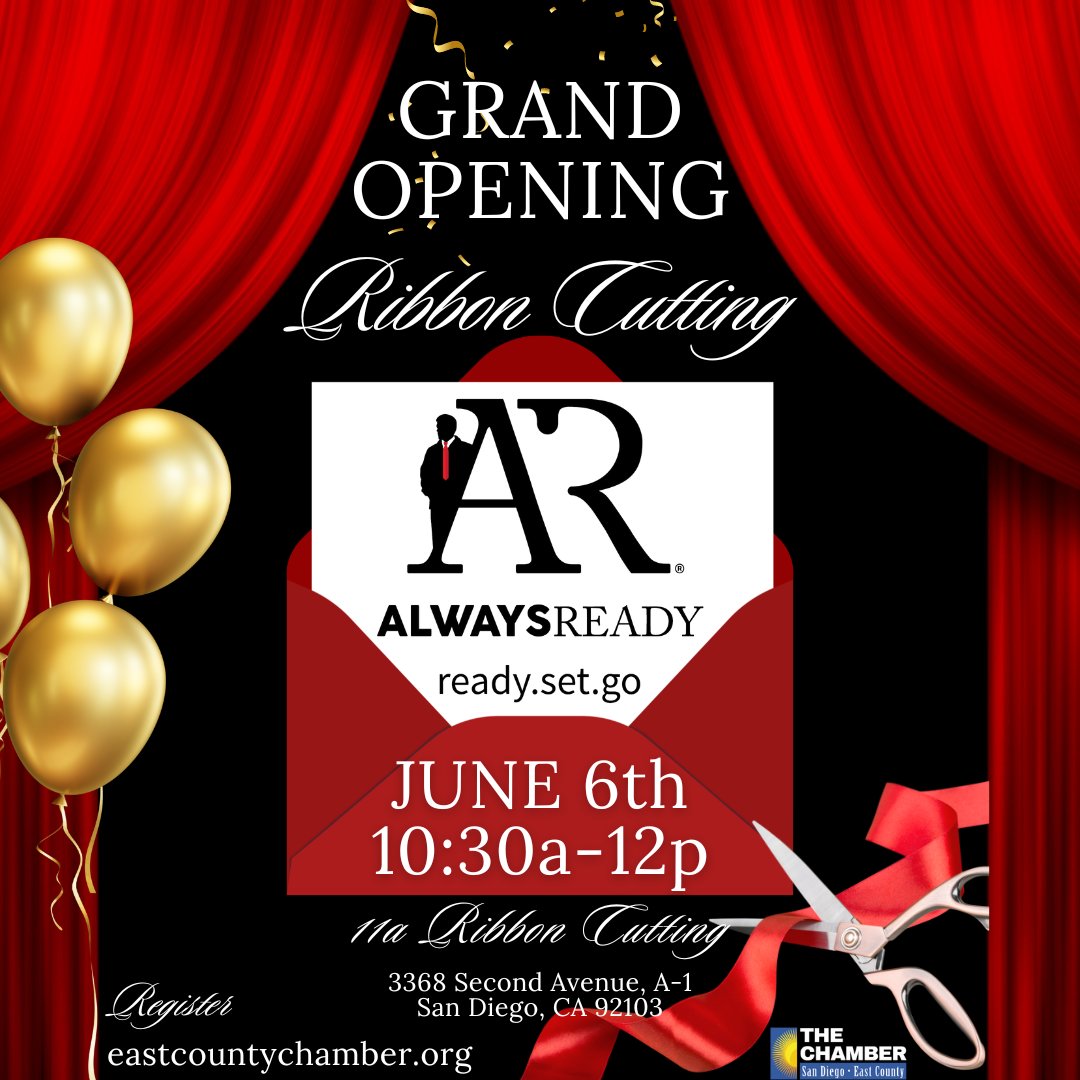 Next month #ALWAYSReady will be celebrating their #GrandOpening with a #RibbonCutting. Register to attend: business.eastcountychamber.org/events/details…