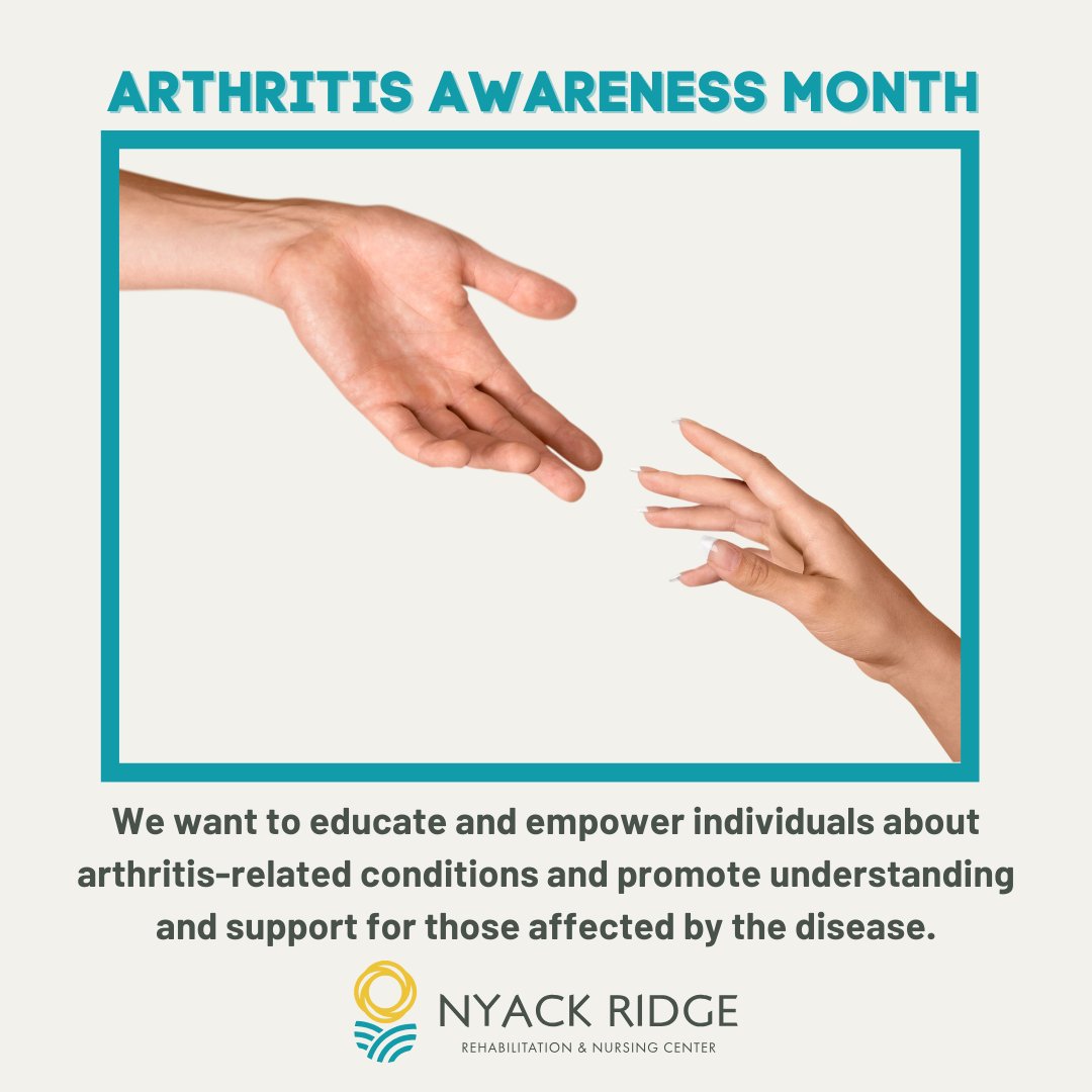 🌟 May is Arthritis Awareness Month! Nyack Ridge raises awareness about causes, symptoms, and treatments. Let's support those affected and promote understanding and management. 💙 #ArthritisAwarenessMonth #NyackRidgeCares #JointHealth