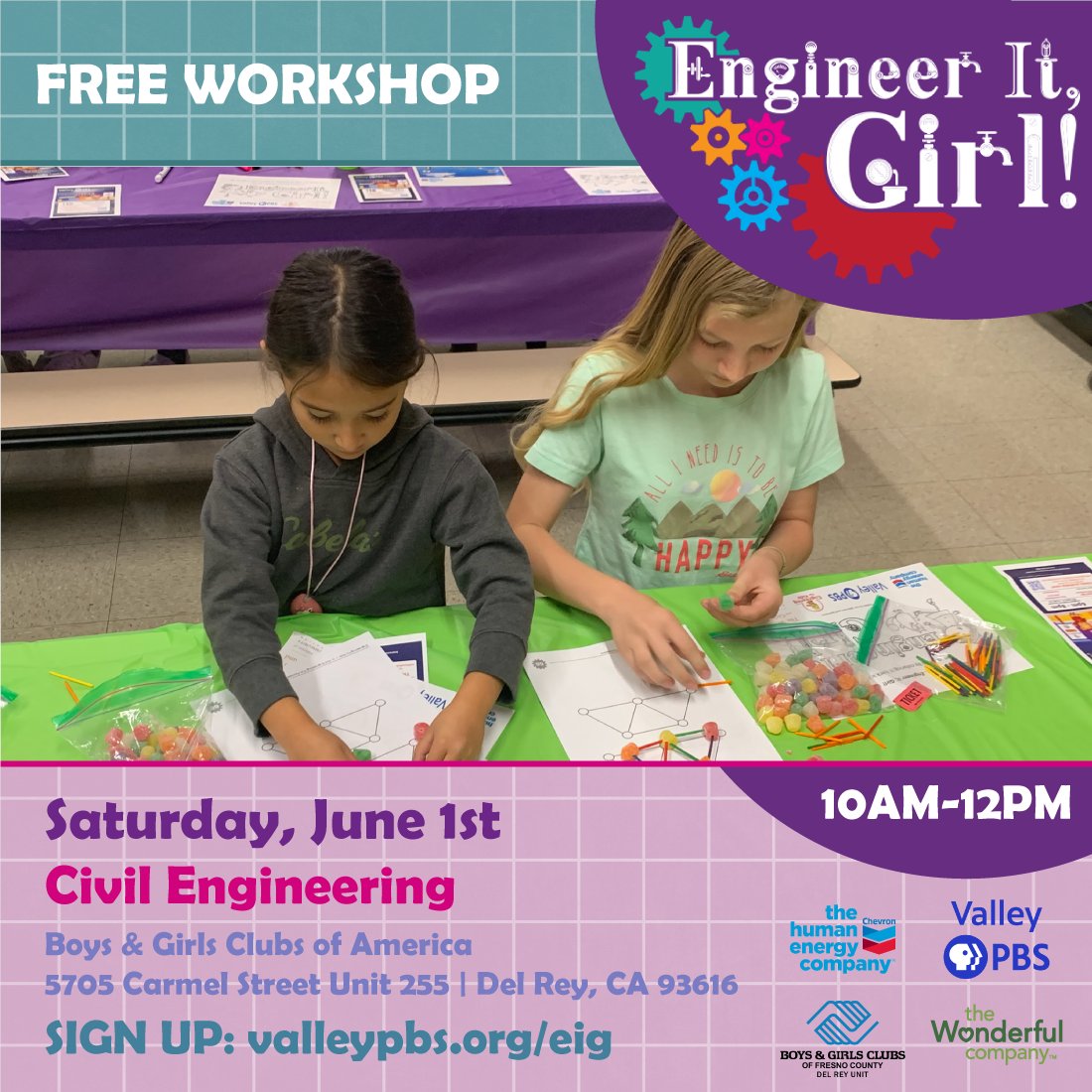On June 1, 2024 Valley PBS and Chevron will be traveling to Del Rey for Civil Engineering. Let’s Engineer It, Girl! Sign-up: valleypbs.org/eig
